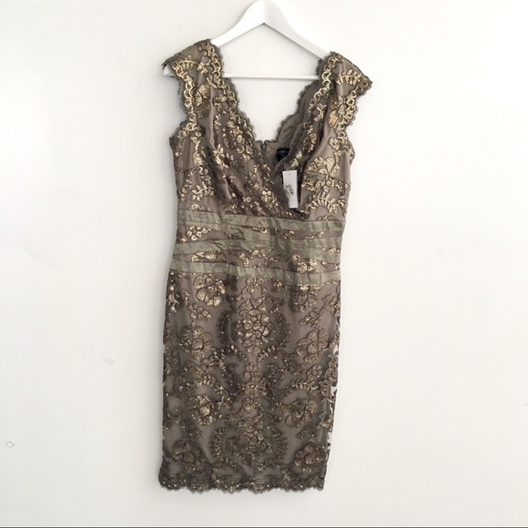 TADASHI SHOJI Gold Lace Sheath Dress
